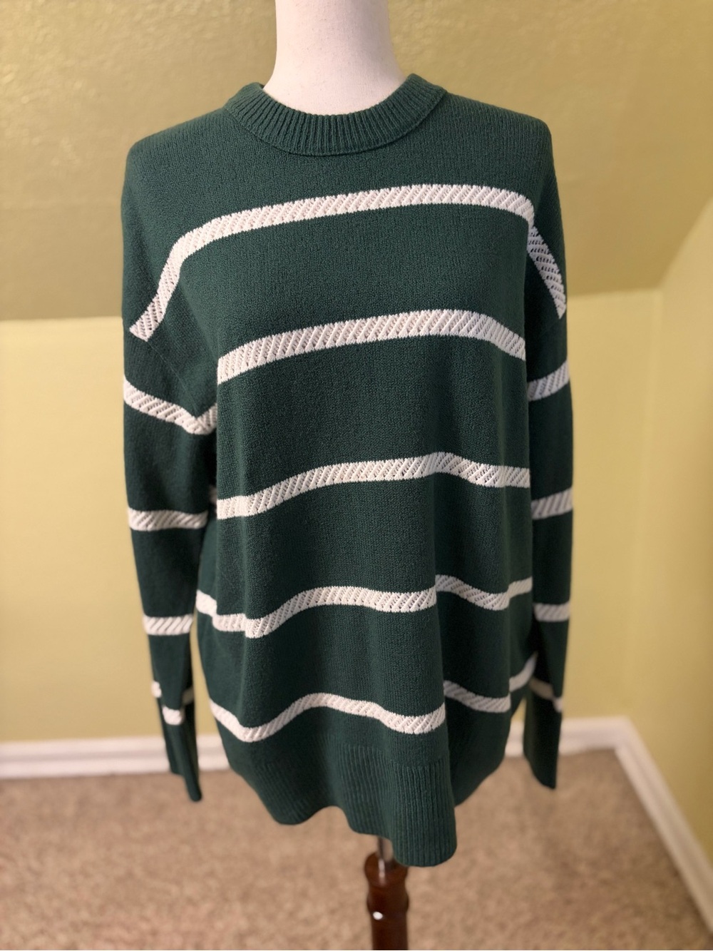 aerie Forest Green and White Striped Crewneck Sweater